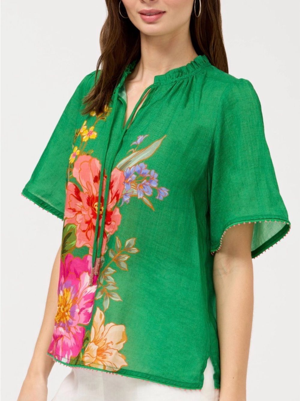 Johnny Was Green Floral Flutter Sleeve Blouse with Pink & Orange Blooms S - Picture 4 of 10